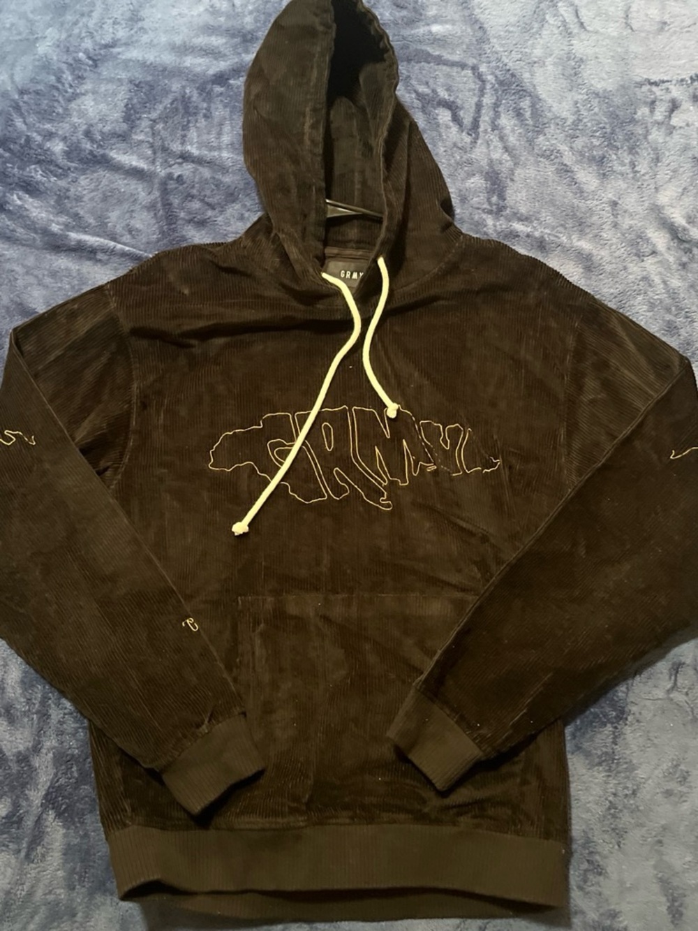 Men's Black Corduroy Hoodie with Contrast Drawstrings